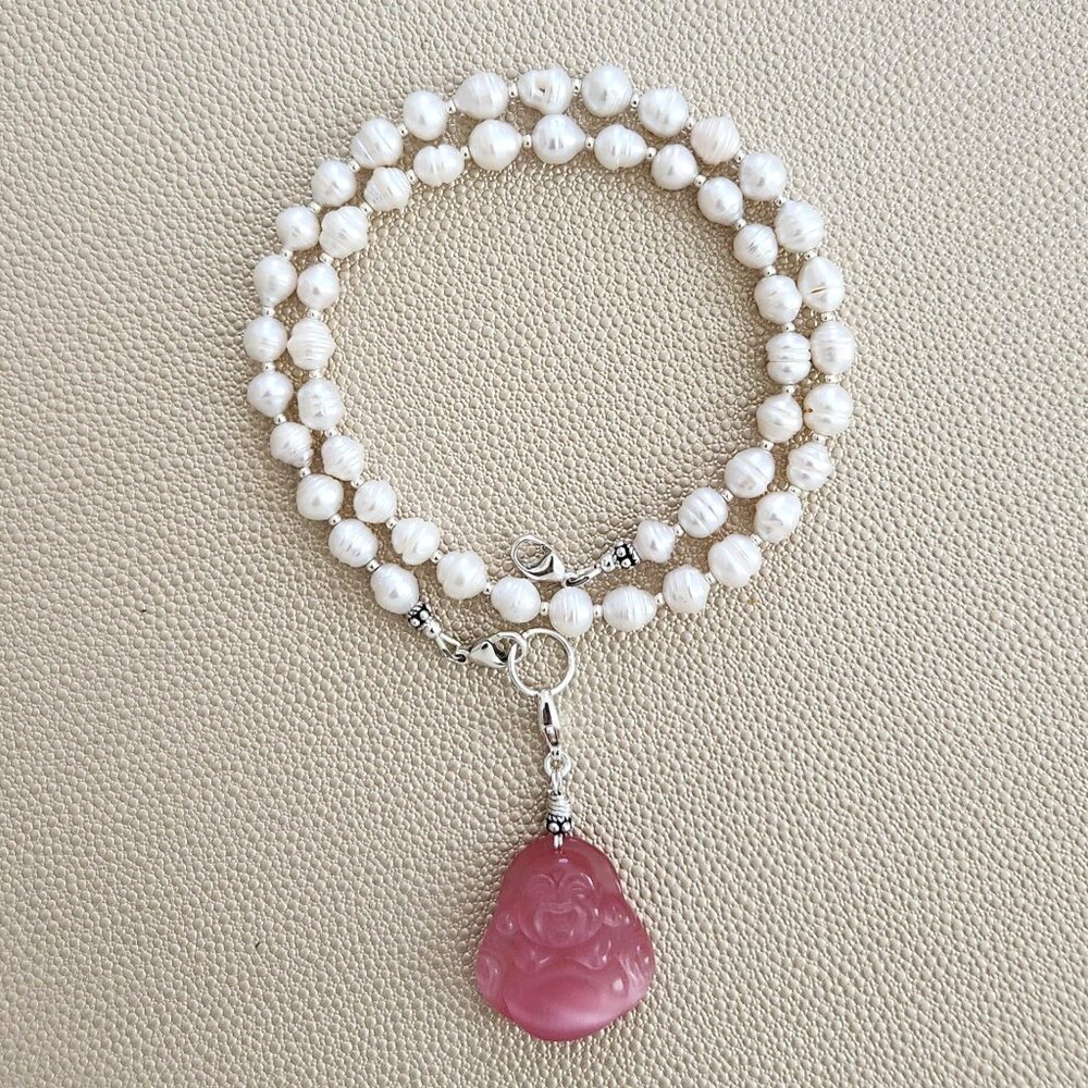 MINI BAROQUE PEARL NECKLACE W/ HAPPY BUDDHA--18"